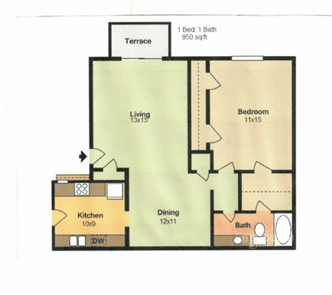 Floor plan for 1 bed, 1 bath, 950 sqft